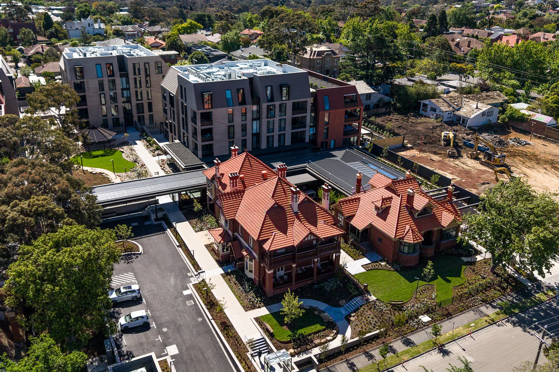 Aerial over St. Clare of heritage buildings